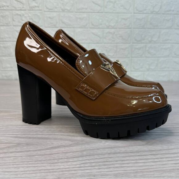 Guess Keaton Embers Loafer Heels WMNS 8.5 Brown Patent Leather Platform Slip On - Picture 1 of 9